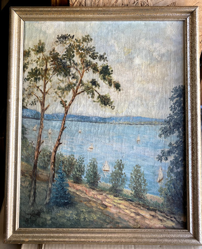 Dipinto olio alberi barche - a,