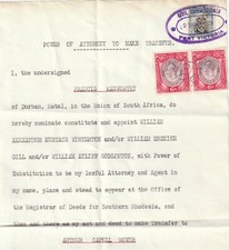 1929 S. Rhodesia procura con 1/- ammiraglio e coppia ricavi S/Africa 6d.