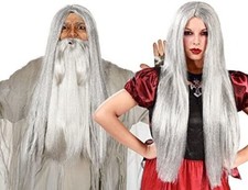 Parrucca grigia lunga liscia brizzolata Carnevale Halloween Strega Mago Teatro