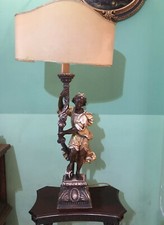 Antica Liberty, lampada da tavolo francese, figura femminile in legno