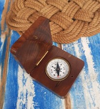 Bussola Ottone in Scatola Legno con Ancora Intarsiata Vecchia Marina 