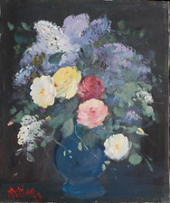 rose in vaso blu Quadro dipinto olio su tela 60x70 cm cat 213