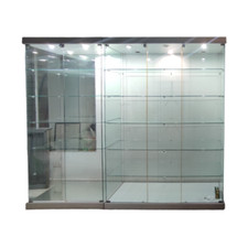 Coppia Vetrine Negozio, Chiavi, 6 Ripiani (Vetro Temperato+MDF) Grigio, Fari LED