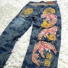 Jeans Karakuri Tamashii giapponesi ricamati denim farfalla fiore stemma W30