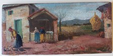 Adolfo Tommasi "Sull'Aia" olio su tavoletta firmato