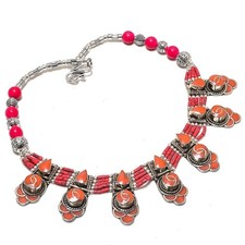 Collana con pietre preziose corallo rosso gioielli nepalesi fatti a mano...