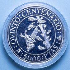 SPAGNA JUAN CARLOS 5000 PESETAS 1990 SCOPERTA DELL'AMERICA PROOFLIKE ARGENTO