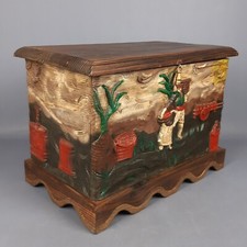 Baule Rettangolare Legno Altorilievo Contadini Dipinto A Mano Vintage Anni ‘60