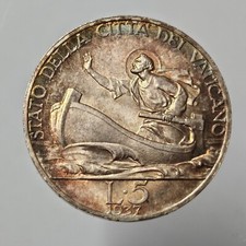 5 Lire 1937 FDC patina, Pio XI, Vaticano Monete Papa Stato Pontificio