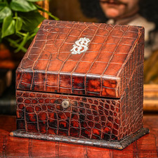 Lussuosa scatola antica vittoriana in pelle di coccodrillo cancelleria scrivania arredamento casa