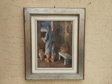 ANTICO QUADRO DIPINTO SU TELA TECNICA SABBIA DONNA ATTIVITÀ RURALE CORNICE LEGNO