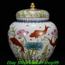 Vaso vaso 11" Qianlong marcato Famille porcellana rosa oro carpa pesce loto crock