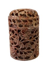 PIETRA OLLARE ANTICA SCATOLA CILINDRICA ORIGINALE DALL'INDIA SCOLPITA  A MANO