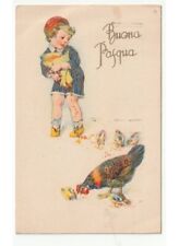 1939 bambina cibo pulcini gallina cartolina augurale Buona Pasqua d'epoca