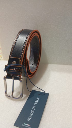 Men blue orange leather belt - leather,