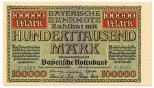 100000 MARK BAYERISCHE BANKNOTE ZAHLBAR WEIMAR REPUBLIC GERMANY 15/06/1923 qFDS