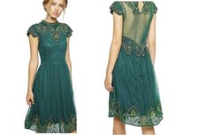 Abito Frock & Frill * blu navy * taglia 6 perline schiena trasparente collo alto evento formale