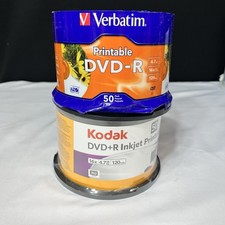 100 Kodak DVD+R Verbatim DVD-R 4.7GB 16x InkJet Printable Discs 120 Min Sealed