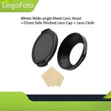Paraluce grandangolare in metallo 49 mm + copriobiettivo pizzicato laterale 72 mm + panno obiettivo