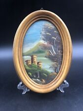 Quadro miniature ovale paesaggio castello vecchio cornice d'orato.