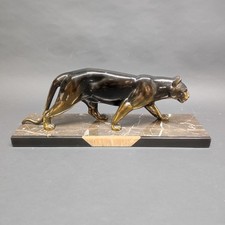 Scultura in bronzo art decò Pantera su marmo Leducq Michel (1879 - 1955)