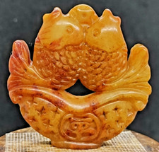 Vecchio ciondolo antico giada hetiana scultura pesci acquario artigianato cinese