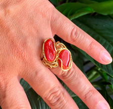 ANELLO CORALLO ROSSO AUTENTICO giallo argento oro vintage ITALIANO fine cocktail S 8