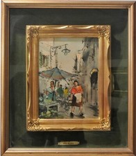 Quadro, Olio su tela, mercato su strada, Del Bono, cornice dorata con tessuto