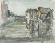 Acquerello impressionista case sul fiume al chiaro di luna ponte ambiente not...