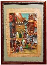 Papiro  Scena di vita quotidiana completo di cornice in noce filo oro 