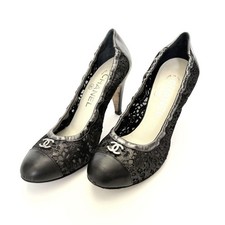 Scarpe CHANEL decolte tacco Cocomark EU 36.0 US 6.0 pelle nero argento...