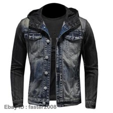 Giacca jeans uomo denim con cappuccio manica lunga casual slim fit cappotto motociclista moto