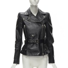 Giacca biker ALEXANDER MCQUEEN 2010 pelle nera con cintura peplo IT38 XS