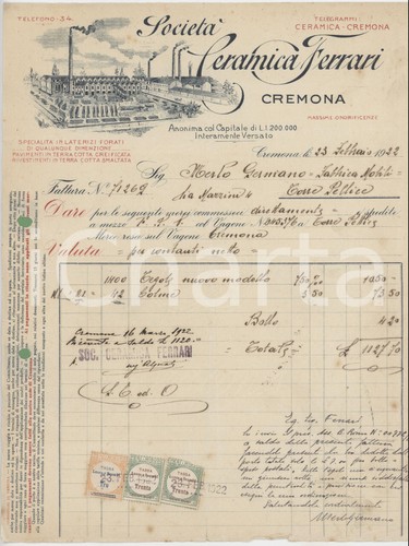 1922 cremona società ceramica - 1922,