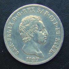 REGNO DISARDEGNA CARLO FELICE LIRE 5  1857 GENOVA BB+ PATINA