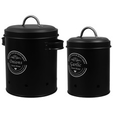  2 contenitori in ferro per cipolla e aglio con coperchi, contenitori per