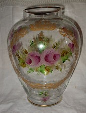 Vaso in vetro dipinto a mano con rose e lumeggiature dorate h. cm. 29 SGR1 ^