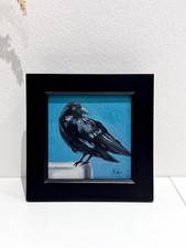 Dipinto olio originale Raven Bird - vita selvaggia uccellino nero incorniciato FineArt vendita firmata