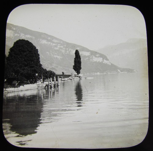 Glass magic lantern slide - lantern, lake