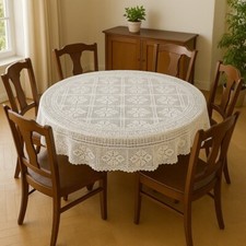 Tovaglia Copritavolo Rotondo Uncinetto Cotone Fatto Mano diam. 180cm Bianco Ecrù