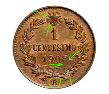 Regno 1 centesimo 1908 Valore FDC Rame Rosso RARA (Unica?) R ribattuta Vedi foto