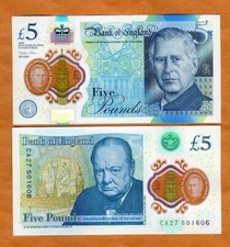 Gran Bretagna 5 sterline, 2023 (2024) P-398 Re Carlo, Churchill UNC polimero