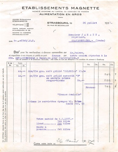 Facture 1937 etab magnette a - facture,