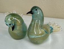 Set 2 Vintage Murano Arte Vetro Colomba Pr Verde Infuso Oro Polvere Avventurina Becco Nero