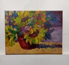 Dipinto ad Olio Su Tela Cm18x24 Vaso con Girasoli Arredo Casa Complemento Arredo