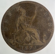 1892 Victoria One Penny Coin |