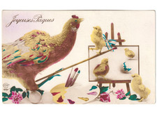 gallina pulcini fiori tavolozza cavalletto pittore cartolina Pasqua Paques