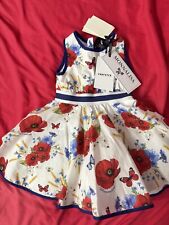 Abito Monnalisa Rosso Bianco Blu Fiore di Papavero Taglia 9 Mesi Bambina Nuovo
