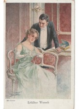 Non Viaggiata cartolina Bill Fisher - coppia innamorati moda d'epoca collana