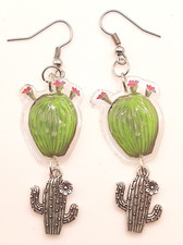 Orecchini trasparenti e colorati PIANTA GRASSA spinosa CACTUS con 3 fiori ROSSI.